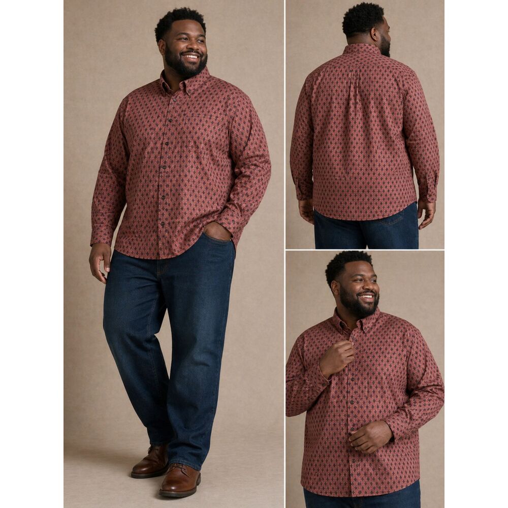 ROWM Big & Tall Button Down Shirt 3XT Tall Rust Geometric Print Long Sleeve NWT
